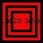 Four red and black square frames with pixelated text fragments, each frame showing a different arrangement of nested squares and partial letters.