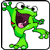 Animated green cartoon frog with large eyes and pink tongue in three distinct poses on a white background.