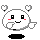 Pixelated white circular character with black square eyes, red cheeks, and heart-shaped accents on a gray background.