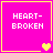 Four identical pink squares with yellow borders display "HEART-BROKEN" text and varying heart symbols in a