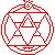 Red pixelated circular icon with hourglass and triangular shapes inside, bordered by a red outline on gray background.