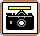Pixelated camera icon with yellow top bar, black body, white lens, and orange border; animation shows top bar changing from yellow to gray and back.