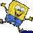 Pixelated yellow cartoon character with large white eyes, blue shorts, and a red mouth in dynamic pose against gray background.