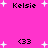 Pixelated pink background with white plus signs and black text reading "Kelsie" and "<33" in multiple positions.