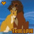 Animated pixel art of a lion character with brown fur and yellow mane, hands clasped near face against blue background with white wave patterns.