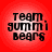 Four circular red icons with white gradient centers displaying 'team gummibears' text in black pixelated font.