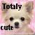 Pixelated image of a light-colored dog face with dark eyes and nose, overlaid with black text reading 'Totally' at top left and 'cute' at bottom left against pink background.
