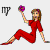 A 4-frame animated contact sheet showing a cartoon woman in red jumpsuit holding purple flower with Pisces zodiac symbol, varying poses and facial expressions across frames.