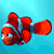 A 2x2 contact sheet of three animated frames showing a cartoon clownfish with orange body, white stripes, and blue eyes swimming in different underwater backgrounds.