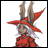 Pixelated character with white hair and red hat, wearing red clothing, positioned next to black background with white text.