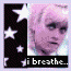 Pixelated portrait of a person with short hair against black starry background, text below reads 'i breathe...' in first frame.