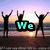 Three silhouetted figures with raised arms stand on a beach at sunset, overlaid by the word "We" in cyan text.
