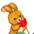 Pixelated orange rabbit with large ears holds a red flower against white background.