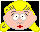 Pixelated cartoon character with yellow hair and glasses, pink face showing two expressions: one with a red plus sign on the mouth, another with an open red mouth.