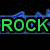 Green blocky text reading 'ROCK OUT' on a dark background with blue pixelated waveforms behind it.