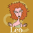 A 6-frame animated contact sheet showing a cartoon lioness character with red curly hair, green dress, and halo-like ring against a brown background, each frame displaying slight variations in pose and expression with the text "Leo" below her.