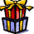 Pixelated gift box with yellow bow on white background, adjacent to pink and gray with text