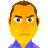 Pixelated static image of a person with light brown hair, yellow skin tone, and a blue-purple collared shirt against a gray background.