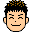 Four pixel-art character faces with black spiky hair and light skin, each showing distinct facial expressions against a gray background.