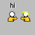 Pixelated character with white head and yellow body performs sequential gestures against gray background, text labels change from 'hi' to '?' to 'fuck' to 'Yoink'.