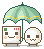 Animated contact sheet of 14 pixel art frames showing two characters under a green umbrella with yellow trim, displaying subtle facial expression changes across the sequence.