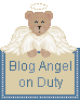 Pixelated angel bear with white wings and halo holds a sign reading 'Blog Angel on Duty' against gray background.