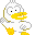 A 4-frame pixel art animation of a white duck with yellow beak and feet in various poses on a gray background.