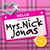 Pixelated icon with pink plaid background, white text box reading 'MRS. NICK JONES', gray heart outline top-left, yellow circular shape bottom-right.