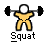 Pixelated yellow figure lifting barbell with black weights, white circular head, gray background, text "Squat" below.