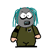 Pixelated character with gray face and teal dreadlocks in olive-green uniform, shown in five sequential poses with changing expressions and hand positions.