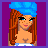 Pixel art contact sheet of a female character with blue headwrap, brown hair, and blue polka-dot outfit across four frames showing full body, torso, legs, and text.
