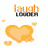 Animated icon with text and heart symbols; orange 'laugh' text above yellow hearts, pink 'love' text above pink hearts, and a dark background with colorful shapes.