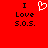 Red background with black text 'I Love s.o.s.' and a white pixelated heart symbol above the left 'Love' word.