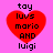 Red heart-shaped icon with black text on pink background, displaying 'toy luvs mario AND luigi' in pixelated font.
