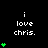 Pixelated text "i love chris." appears with green heart symbols in a on a black background, with heart counts varying across positions
