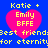 Blue background with four identical pink heart shapes containing yellow text, each reading "Katie + Emily BFPE" and repeating the phrase "Best friend for eternity" below.