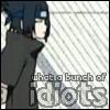 Anime-style character with dark blue hair and a headband, wearing a dark cloak, standing against a striped background with overlaid text.