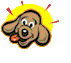 Animated cartoon dog head with yellow halo, brown fur, black nose, white eyes with black pupils, orange tongue; three distinct poses show varying eye shapes and mouth expressions.