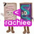 Two pixelated characters stand side-by-side; one resembles a wrapped gift, the other wears a blue-purple outfit with a hood. Text overlays change across frames: 'rachiee' in pink, 'cali>' in light blue, and 'bff' in green appear sequentially over the figures.