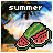 Pixelated watermelon slices on a beach scene with palm trees and clouds, labeled 'summer' in white text at the top left.