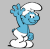 Pixelated blue cartoon character with white hat and pants, waving one arm raised high against gray background.
