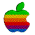 A rainbow-striped apple logo with a bite taken out, displayed in multiple orientations including front, side, and rotated views.