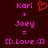 Dark red background with pink pixelated text and symbols, including 'Kori', 'Joey', a plus sign, an equals sign, and a heart emoticon.
