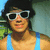 A person wearing white sunglasses and a light blue tank top appears in three with slight variations in facial expression and background