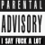 Static black-and-white pixelated image of a parental advisory label with bold text and striped borders.
