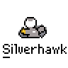 Pixel art contact sheet of 8 animated frames showing a gray cartoon character with blue eyes holding a yellow object, each frame labeled "Silverhawk" below it on a gray background.