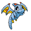 Blue cartoon dragon with yellow wing membranes and red accents on head, wings, and tail, shown in five sequential poses against white background.