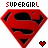 Red and black pixelated Supergirl logo with heart icons, animated to change shape across frames.