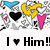 Pixelated static image with multiple heart shapes and text reading 'I Him!!' on a white background.