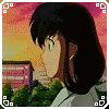 Anime character with black shoulder-length hair in various poses against a sunset sky and building background.